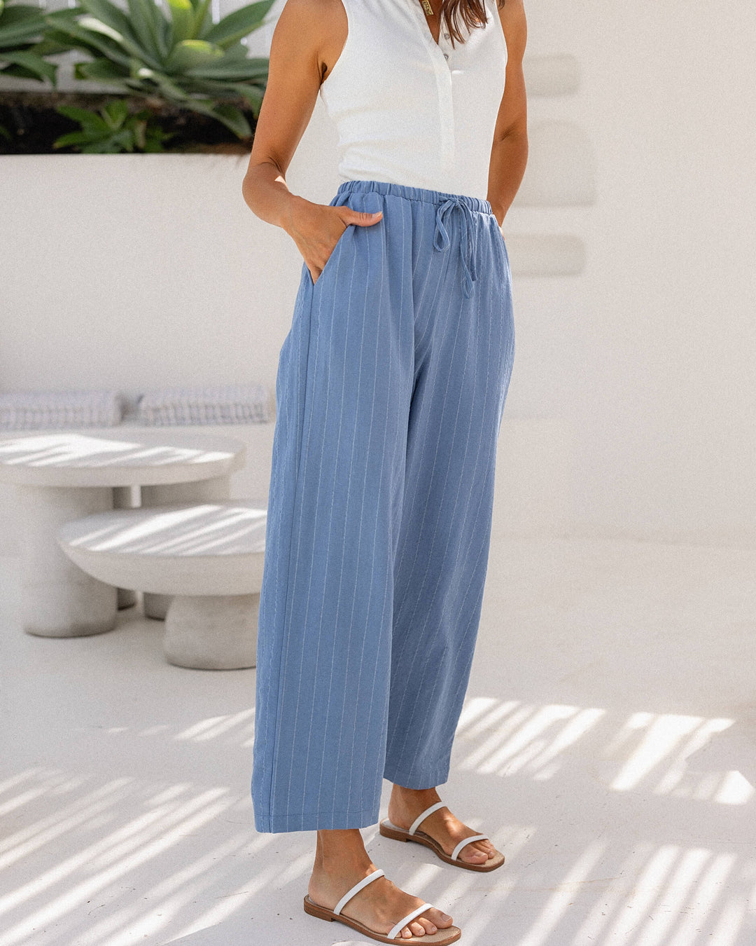 Drawstring Pants - Sky Pinstripe