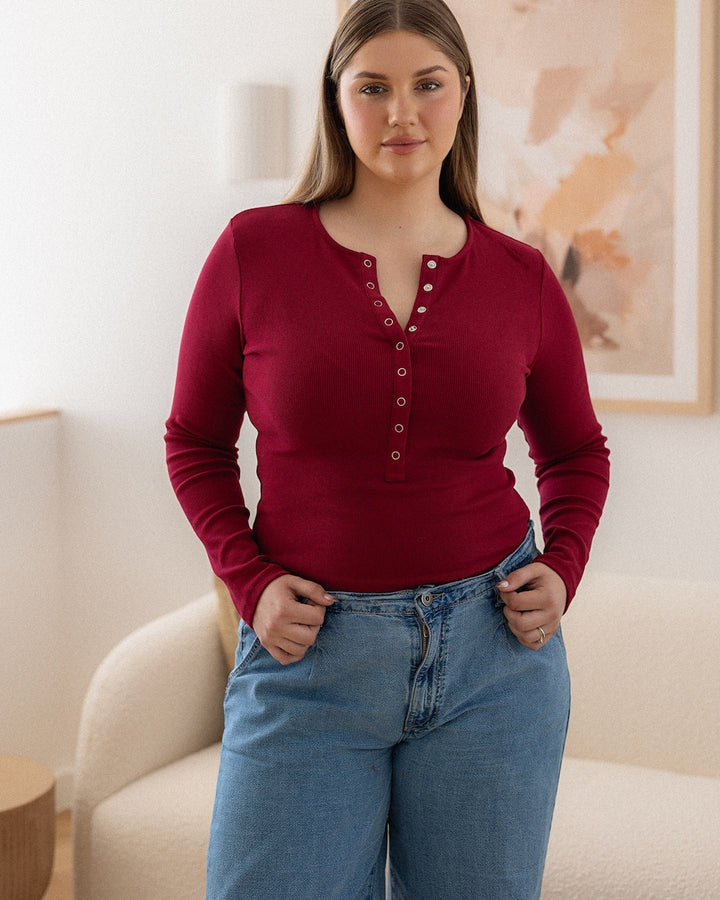 Comfort Rib Henley Long Sleeve - Ruby